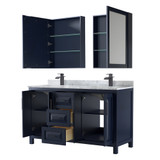 Wyndham WCV252560DBBCMUNSMED Daria 60 Inch Double Bathroom Vanity in Dark Blue, White Carrara Marble Countertop, Undermount Square Sinks, Matte Black Trim, Medicine Cabinets