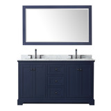 Wyndham WCV232360DBBCMUNOM58 Avery 60 Inch Double Bathroom Vanity in Dark Blue, White Carrara Marble Countertop, Undermount Oval Sinks, Matte Black Trim, 58 Inch Mirror