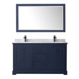 Wyndham WCV232360DBBCMUNSM58 Avery 60 Inch Double Bathroom Vanity in Dark Blue, White Carrara Marble Countertop, Undermount Square Sinks, Matte Black Trim, 58 Inch Mirror