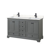 Wyndham WCS202060DGBC2UNSMXX Deborah 60 Inch Double Bathroom Vanity in Dark Gray, Carrara Cultured Marble Countertop, Undermount Square Sinks, Matte Black Trim