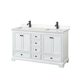 Wyndham WCS202060DWBC2UNSMXX Deborah 60 Inch Double Bathroom Vanity in White, Carrara Cultured Marble Countertop, Undermount Square Sinks, Matte Black Trim