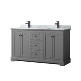 Wyndham WCV232360DGBCMUNSMXX Avery 60 Inch Double Bathroom Vanity in Dark Gray, White Carrara Marble Countertop, Undermount Square Sinks, Matte Black Trim