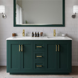 Wyndham WCF292960DGDC2UNSM58 Miranda 60 Inch Double Bathroom Vanity in Green, Carrara Cultured Marble Countertop, Undermount Square Sinks, Brushed Gold Trim, 58 Inch Mirror