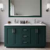 Wyndham WCF292960DGEC2UNSM58 Miranda 60 Inch Double Bathroom Vanity in Green, Carrara Cultured Marble Countertop, Undermount Square Sinks, Brushed Nickel Trim, 58 Inch Mirror