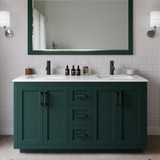 Wyndham WCF292960DGKC2UNSM58 Miranda 60 Inch Double Bathroom Vanity in Green, Carrara Cultured Marble Countertop, Undermount Square Sinks, Matte Black Trim, 58 Inch Mirror