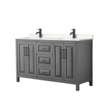 Wyndham WCV252560DGBC2UNSMXX Daria 60 Inch Double Bathroom Vanity in Dark Gray, Carrara Cultured Marble Countertop, Undermount Square Sinks, Matte Black Trim