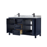 Wyndham WCV252560DBBCMUNSMXX Daria 60 Inch Double Bathroom Vanity in Dark Blue, White Carrara Marble Countertop, Undermount Square Sinks, Matte Black Trim