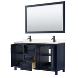 Wyndham WCV252560DBBC2UNSM58 Daria 60 Inch Double Bathroom Vanity in Dark Blue, Carrara Cultured Marble Countertop, Undermount Square Sinks, Matte Black Trim, 58 Inch Mirror