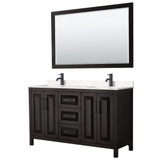 Wyndham WCV252560DEBC2UNSM58 Daria 60 Inch Double Bathroom Vanity in Dark Espresso, Carrara Cultured Marble Countertop, Undermount Square Sinks, Matte Black Trim, 58 Inch Mirror