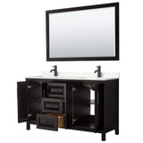 Wyndham WCV252560DEBC2UNSM58 Daria 60 Inch Double Bathroom Vanity in Dark Espresso, Carrara Cultured Marble Countertop, Undermount Square Sinks, Matte Black Trim, 58 Inch Mirror