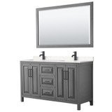 Wyndham WCV252560DGBC2UNSM58 Daria 60 Inch Double Bathroom Vanity in Dark Gray, Carrara Cultured Marble Countertop, Undermount Square Sinks, Matte Black Trim, 58 Inch Mirror