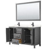 Wyndham WCV252560DGBC2UNSM58 Daria 60 Inch Double Bathroom Vanity in Dark Gray, Carrara Cultured Marble Countertop, Undermount Square Sinks, Matte Black Trim, 58 Inch Mirror
