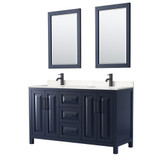 Wyndham WCV252560DBBC2UNSM24 Daria 60 Inch Double Bathroom Vanity in Dark Blue, Carrara Cultured Marble Countertop, Undermount Square Sinks, Matte Black Trim, 24 Inch Mirrors