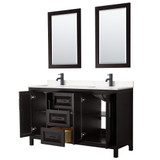 Wyndham WCV252560DEBC2UNSM24 Daria 60 Inch Double Bathroom Vanity in Dark Espresso, Carrara Cultured Marble Countertop, Undermount Square Sinks, Matte Black Trim, 24 Inch Mirrors