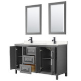 Wyndham WCV252560DGBC2UNSM24 Daria 60 Inch Double Bathroom Vanity in Dark Gray, Carrara Cultured Marble Countertop, Undermount Square Sinks, Matte Black Trim, 24 Inch Mirrors