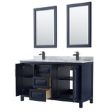 Wyndham WCV252560DBBCMUNSM24 Daria 60 Inch Double Bathroom Vanity in Dark Blue, White Carrara Marble Countertop, Undermount Square Sinks, Matte Black Trim, 24 Inch Mirrors
