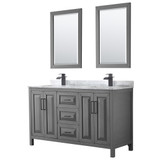 Wyndham WCV252560DGBCMUNSM24 Daria 60 Inch Double Bathroom Vanity in Dark Gray, White Carrara Marble Countertop, Undermount Square Sinks, Matte Black Trim, 24 Inch Mirrors