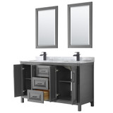 Wyndham WCV252560DGBCMUNSM24 Daria 60 Inch Double Bathroom Vanity in Dark Gray, White Carrara Marble Countertop, Undermount Square Sinks, Matte Black Trim, 24 Inch Mirrors