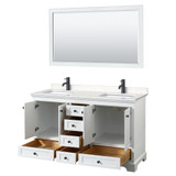Wyndham WCS202060DWBC2UNSM58 Deborah 60 Inch Double Bathroom Vanity in White, Carrara Cultured Marble Countertop, Undermount Square Sinks, Matte Black Trim, 58 Inch Mirror