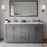 Wyndham WCF292966DGGCMUNSM58 Miranda 66 Inch Double Bathroom Vanity in Dark Gray, White Carrara Marble Countertop, Undermount Square Sinks, Brushed Gold Trim, 58 Inch Mirror