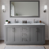 Wyndham WCF292966DKGCMUNSM58 Miranda 66 Inch Double Bathroom Vanity in Dark Gray, White Carrara Marble Countertop, Undermount Square Sinks, Brushed Nickel Trim, 58 Inch Mirror