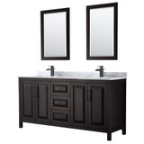 Wyndham WCV252572DEBCMUNSM24 Daria 72 Inch Double Bathroom Vanity in Dark Espresso, White Carrara Marble Countertop, Undermount Square Sinks, Matte Black Trim, 24 Inch Mirrors
