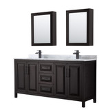 Wyndham WCV252572DEBCMUNSMED Daria 72 Inch Double Bathroom Vanity in Dark Espresso, White Carrara Marble Countertop, Undermount Square Sinks, Matte Black Trim, Medicine Cabinets