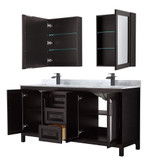 Wyndham WCV252572DEBCMUNSMED Daria 72 Inch Double Bathroom Vanity in Dark Espresso, White Carrara Marble Countertop, Undermount Square Sinks, Matte Black Trim, Medicine Cabinets