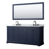 Wyndham WCV232372DBBCMUNOM70 Avery 72 Inch Double Bathroom Vanity in Dark Blue, White Carrara Marble Countertop, Undermount Oval Sinks, Matte Black Trim, 70 Inch Mirror