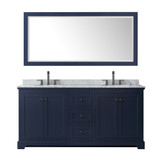Wyndham WCV232372DBBCMUNOM70 Avery 72 Inch Double Bathroom Vanity in Dark Blue, White Carrara Marble Countertop, Undermount Oval Sinks, Matte Black Trim, 70 Inch Mirror