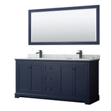 Wyndham WCV232372DBBCMUNSM70 Avery 72 Inch Double Bathroom Vanity in Dark Blue, White Carrara Marble Countertop, Undermount Square Sinks, Matte Black Trim, 70 Inch Mirror