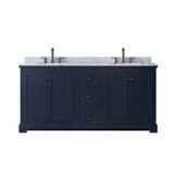 Wyndham WCV232372DBBCMUNOMXX Avery 72 Inch Double Bathroom Vanity in Dark Blue, White Carrara Marble Countertop, Undermount Oval Sinks, Matte Black Trim