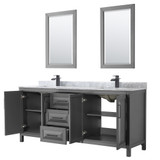 Wyndham WCV252580DGBCMUNSM24 Daria 80 Inch Double Bathroom Vanity in Dark Gray, White Carrara Marble Countertop, Undermount Square Sinks, Matte Black Trim, 24 Inch Mirrors