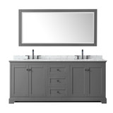 Wyndham WCV232380DGBCMUNOM70 Avery 80 Inch Double Bathroom Vanity in Dark Gray, White Carrara Marble Countertop, Undermount Oval Sinks, Matte Black Trim, 70 Inch Mirror
