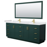 Wyndham WCF292984DGDWCUNSM70 Miranda 84 Inch Double Bathroom Vanity in Green, White Cultured Marble Countertop, Undermount Square Sinks, Brushed Gold Trim, 70 Inch Mirror