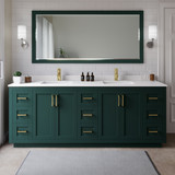 Wyndham WCF292984DGDWCUNSM70 Miranda 84 Inch Double Bathroom Vanity in Green, White Cultured Marble Countertop, Undermount Square Sinks, Brushed Gold Trim, 70 Inch Mirror