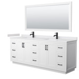 Wyndham WCF292984DWBWCUNSM70 Miranda 84 Inch Double Bathroom Vanity in White, White Cultured Marble Countertop, Undermount Square Sinks, Matte Black Trim, 70 Inch Mirror
