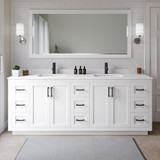 Wyndham WCF292984DWBWCUNSM70 Miranda 84 Inch Double Bathroom Vanity in White, White Cultured Marble Countertop, Undermount Square Sinks, Matte Black Trim, 70 Inch Mirror