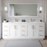 Wyndham WCF292984DWGWCUNSM70 Miranda 84 Inch Double Bathroom Vanity in White, White Cultured Marble Countertop, Undermount Square Sinks, Brushed Gold Trim, 70 Inch Mirror