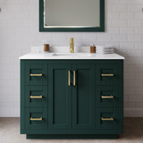 Wyndham WCF292942SGDWCUNSM34 Miranda 42 Inch Single Bathroom Vanity in Green, White Cultured Marble Countertop, Undermount Square Sink, Brushed Gold Trim, 34 Inch Mirror
