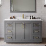 Wyndham WCF292954SGGWCUNSM46 Miranda 54 Inch Single Bathroom Vanity in Dark Gray, White Cultured Marble Countertop, Undermount Square Sink, Brushed Gold Trim, 46 Inch Mirror
