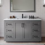 Wyndham WCF292954SGBCMUNSM46 Miranda 54 Inch Single Bathroom Vanity in Dark Gray, White Carrara Marble Countertop, Undermount Square Sink, Matte Black Trim, 46 Inch Mirror