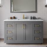 Wyndham WCF292954SGGCMUNSM46 Miranda 54 Inch Single Bathroom Vanity in Dark Gray, White Carrara Marble Countertop, Undermount Square Sink, Brushed Gold Trim, 46 Inch Mirror