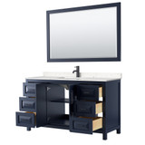 Wyndham WCV252560SBBC2UNSM58 Daria 60 Inch Single Bathroom Vanity in Dark Blue, Carrara Cultured Marble Countertop, Undermount Square Sink, Matte Black Trim, 58 Inch Mirror