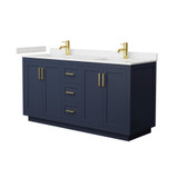 Wyndham WCF292966DBLC2UNSMXX Miranda 66 Inch Double Bathroom Vanity in Dark Blue, Carrara Cultured Marble Countertop, Undermount Square Sinks, Brushed Gold Trim