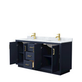 Wyndham WCF292966DBLCMUNSMXX Miranda 66 Inch Double Bathroom Vanity in Dark Blue, White Carrara Marble Countertop, Undermount Square Sinks, Brushed Gold Trim