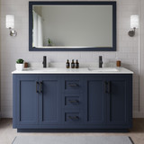 Wyndham WCF292966DBBC2UNSM58 Miranda 66 Inch Double Bathroom Vanity in Dark Blue, Carrara Cultured Marble Countertop, Undermount Square Sinks, Matte Black Trim, 58 Inch Mirror