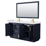 Wyndham WCF292966DBLC2UNSM58 Miranda 66 Inch Double Bathroom Vanity in Dark Blue, Carrara Cultured Marble Countertop, Undermount Square Sinks, Brushed Gold Trim, 58 Inch Mirror