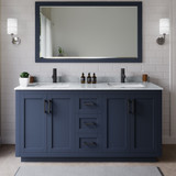 Wyndham WCF292966DBBCMUNSM58 Miranda 66 Inch Double Bathroom Vanity in Dark Blue, White Carrara Marble Countertop, Undermount Square Sinks, Matte Black Trim, 58 Inch Mirror