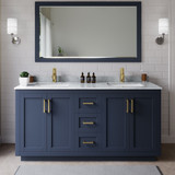 Wyndham WCF292966DBLCMUNSM58 Miranda 66 Inch Double Bathroom Vanity in Dark Blue, White Carrara Marble Countertop, Undermount Square Sinks, Brushed Gold Trim, 58 Inch Mirror